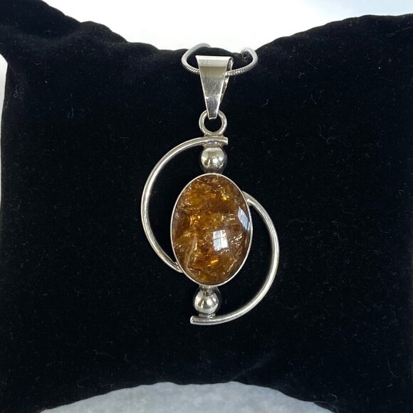 Sterling Silver 950 Mexico Geometric Oval Baltic Amber Pendant Necklace 18" - Picture 6 of 16